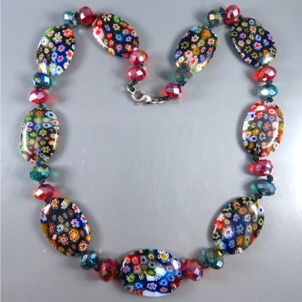 Vintage Murano Italian art Transparent glass Millefiori OVAL BEADS Necklace 20”